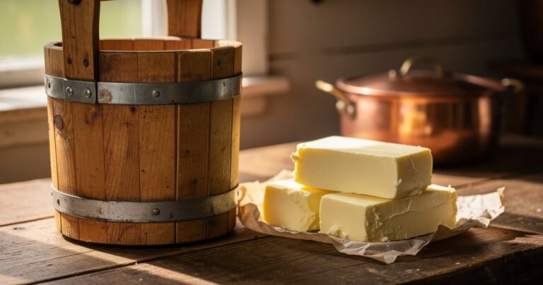 Baratte traditionnelle en bois avec mottes de beurre artisanal sur une table de ferme