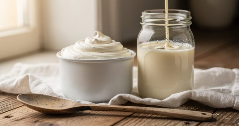Crème fraîche épaisse et crème fleurette bio dans des pots en céramique sur un plan de travail rustique