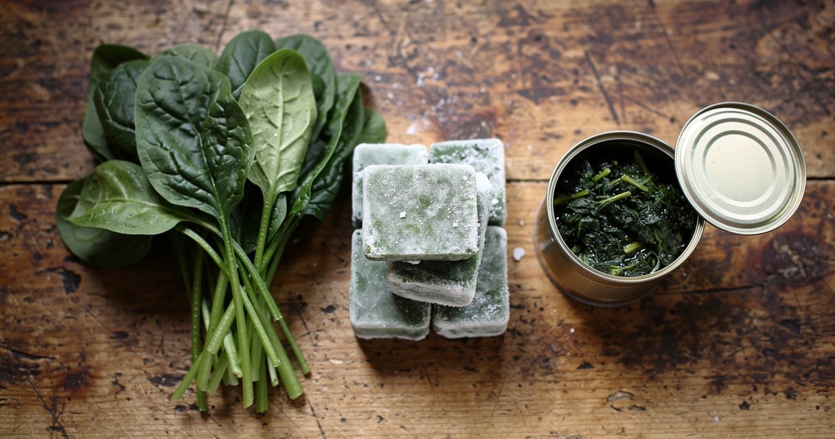 Trois formats d'épinards comparés sur un plan de travail en bois : frais, surgelés et en conserve