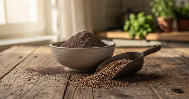 Bol de farine de sarrasin bio sur une table en bois avec des grains de sarrasin