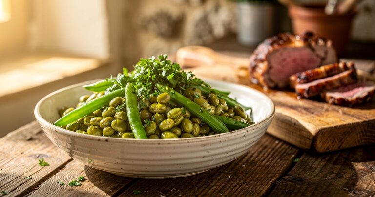 Bol de flageolets verts persillés accompagnant un gigot d'agneau tranché sur une table en bois