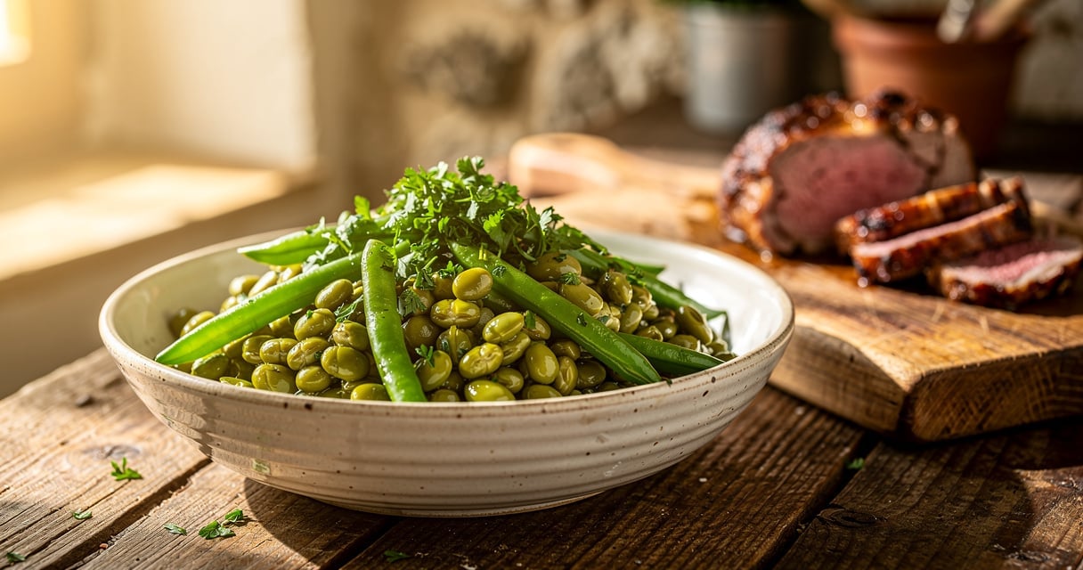 Bol de flageolets verts persillés accompagnant un gigot d'agneau tranché sur une table en bois
