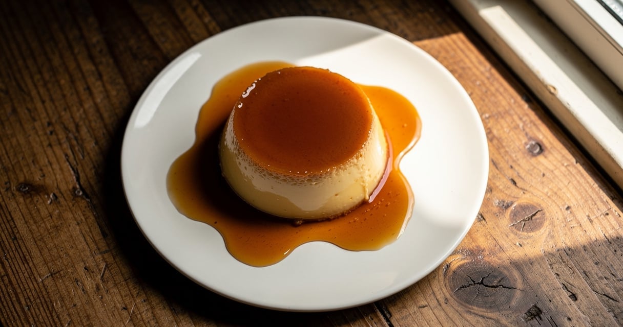 Flan maison à la vanille et au caramel démoulé sur une assiette blanche avec caramel coulant