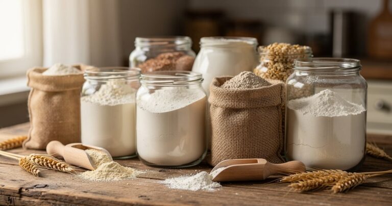 Assortiment de farines bio dans des bocaux en verre sur un plan de travail en bois