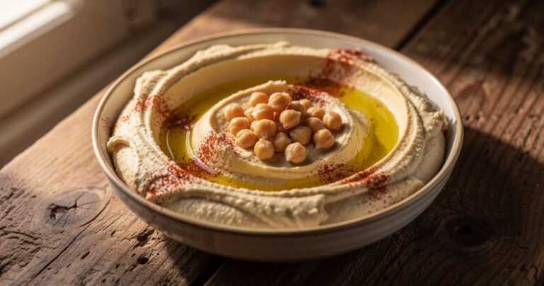 Bol de houmous de pois chiches maison crémeux garni de pois chiches entiers et d huile d olive