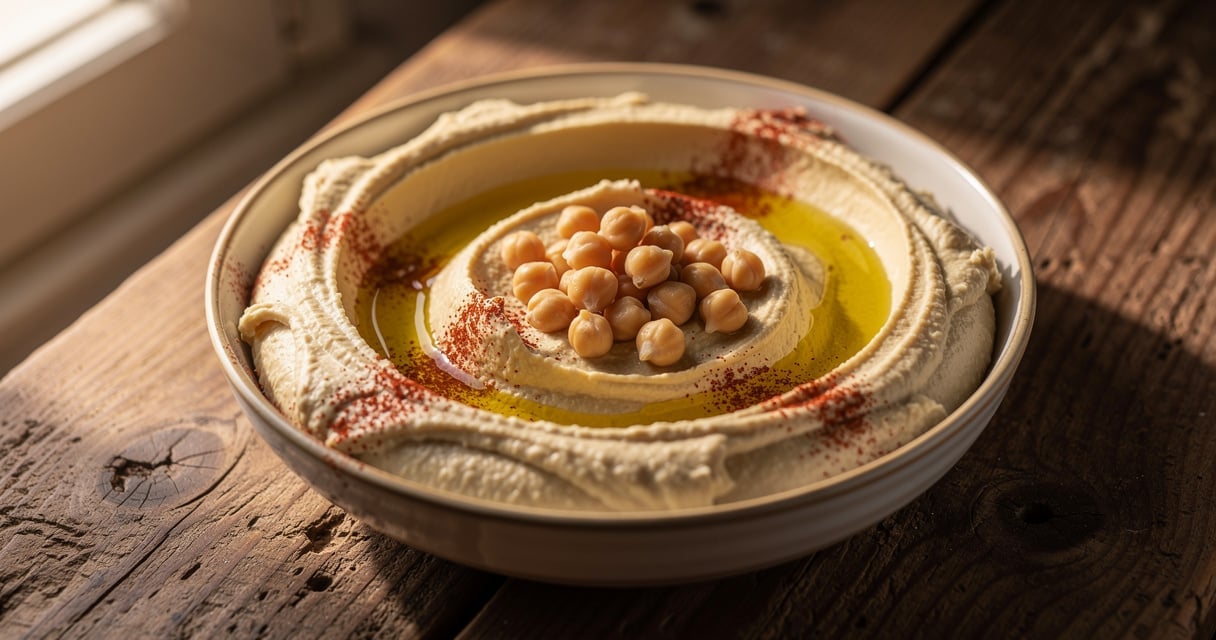 Bol de houmous de pois chiches maison crémeux garni de pois chiches entiers et d huile d olive