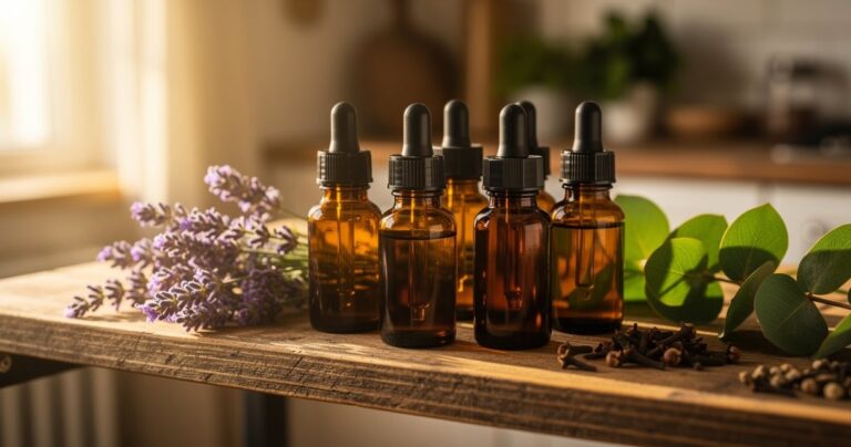 Flacons d'huiles essentielles bio sur une étagère en bois avec plantes aromatiques