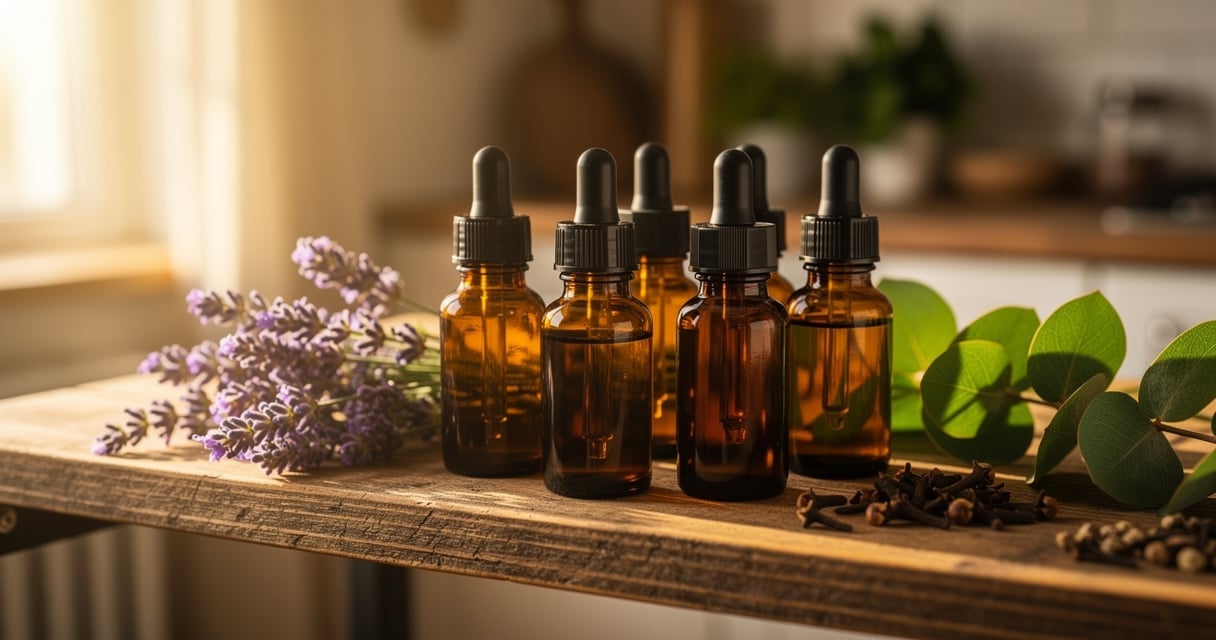Flacons d'huiles essentielles bio sur une étagère en bois avec plantes aromatiques