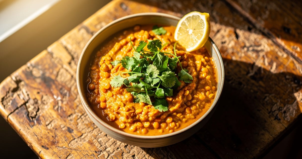 Bol de dahl de lentilles corail au lait de coco avec coriandre fraîche