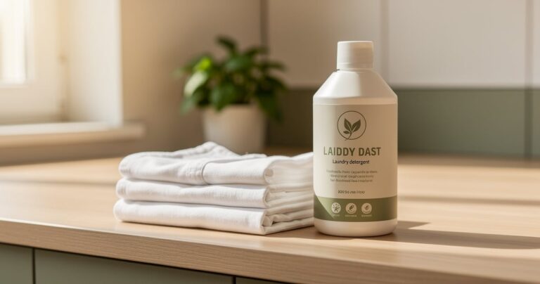 Lessive écologique et linge propre plié sur un plan de travail en bois