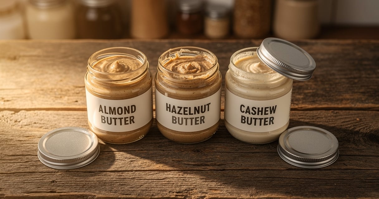Bocaux de purées d'oléagineux bio sur une table en bois : amande, noisette, cajou et tahin