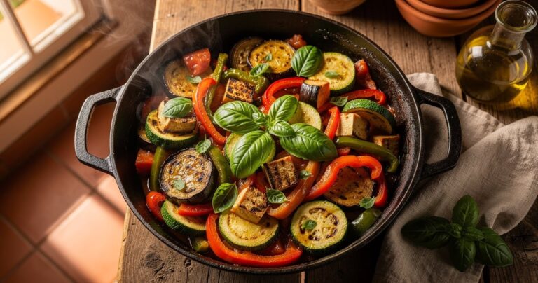 Ratatouille niçoise traditionnelle servie dans une cocotte en fonte avec légumes d été colorés et basilic frais