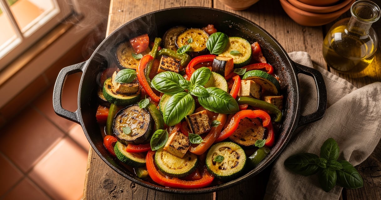Ratatouille niçoise traditionnelle servie dans une cocotte en fonte avec légumes d été colorés et basilic frais