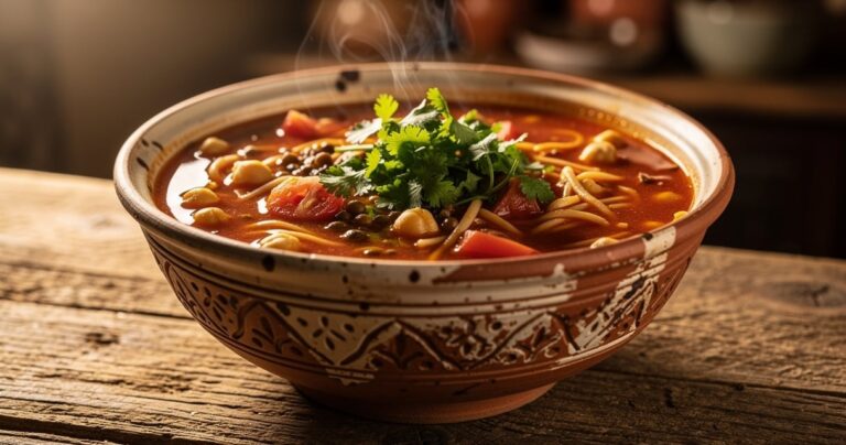 Bol de harira marocaine traditionnelle aux pois chiches, lentilles et coriandre fraîche