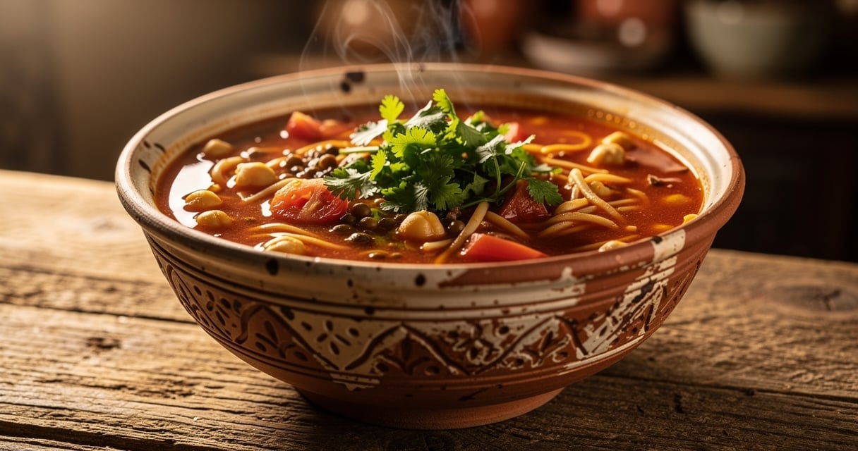 Bol de harira marocaine traditionnelle aux pois chiches, lentilles et coriandre fraîche