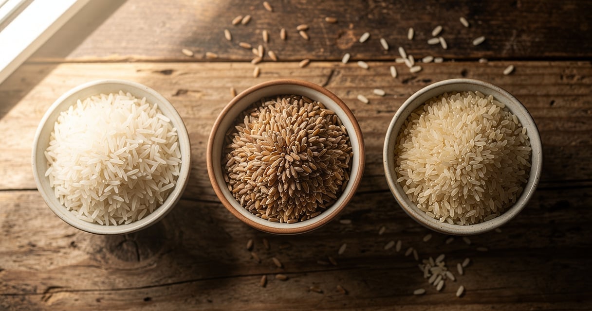 Trois bols de riz comparés : basmati blanc, riz complet et semi-complet sur table en bois
