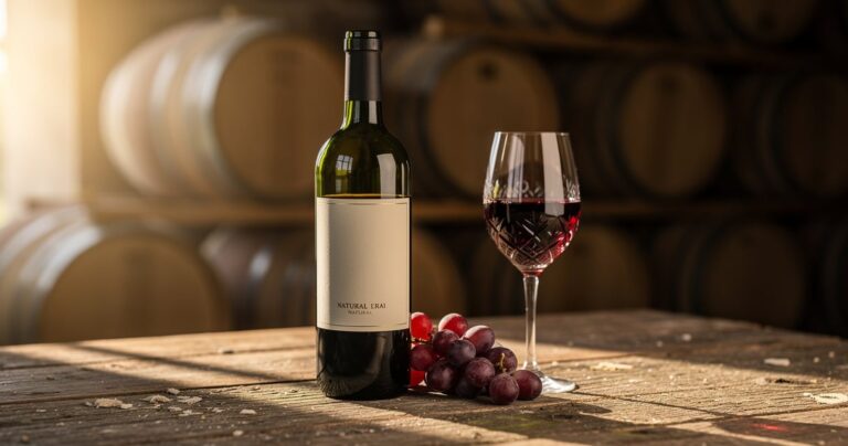 Bouteille de vin naturel sans sulfites ajoutés servie dans un verre sur une table en bois dans une cave