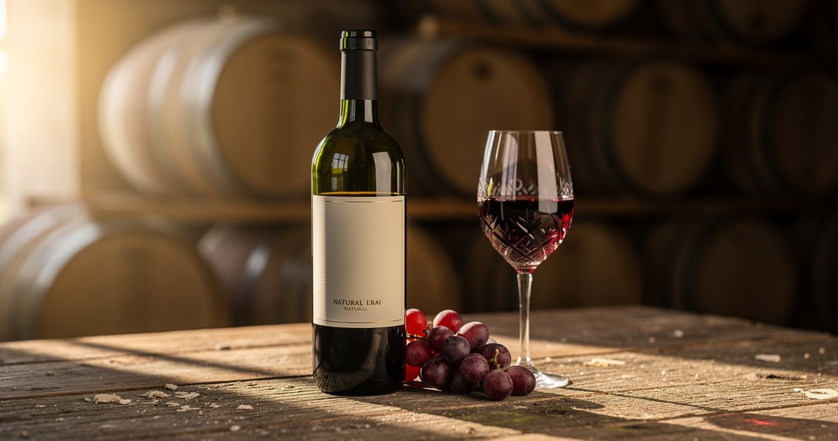 Bouteille de vin naturel sans sulfites ajoutés servie dans un verre sur une table en bois dans une cave