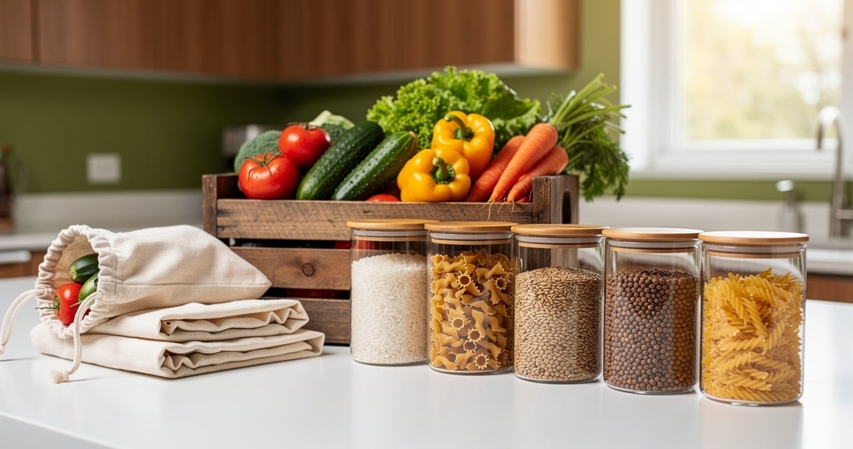 Cuisine zéro déchet avec bocaux en verre, sacs en tissu et légumes frais
